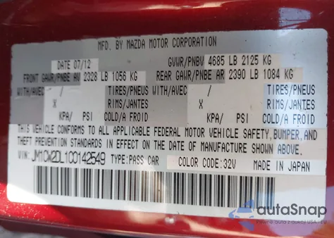 2012 Mazda Mazda5 Grand Touring from USA, damaged, VIN JM1CW2DL1C0142549